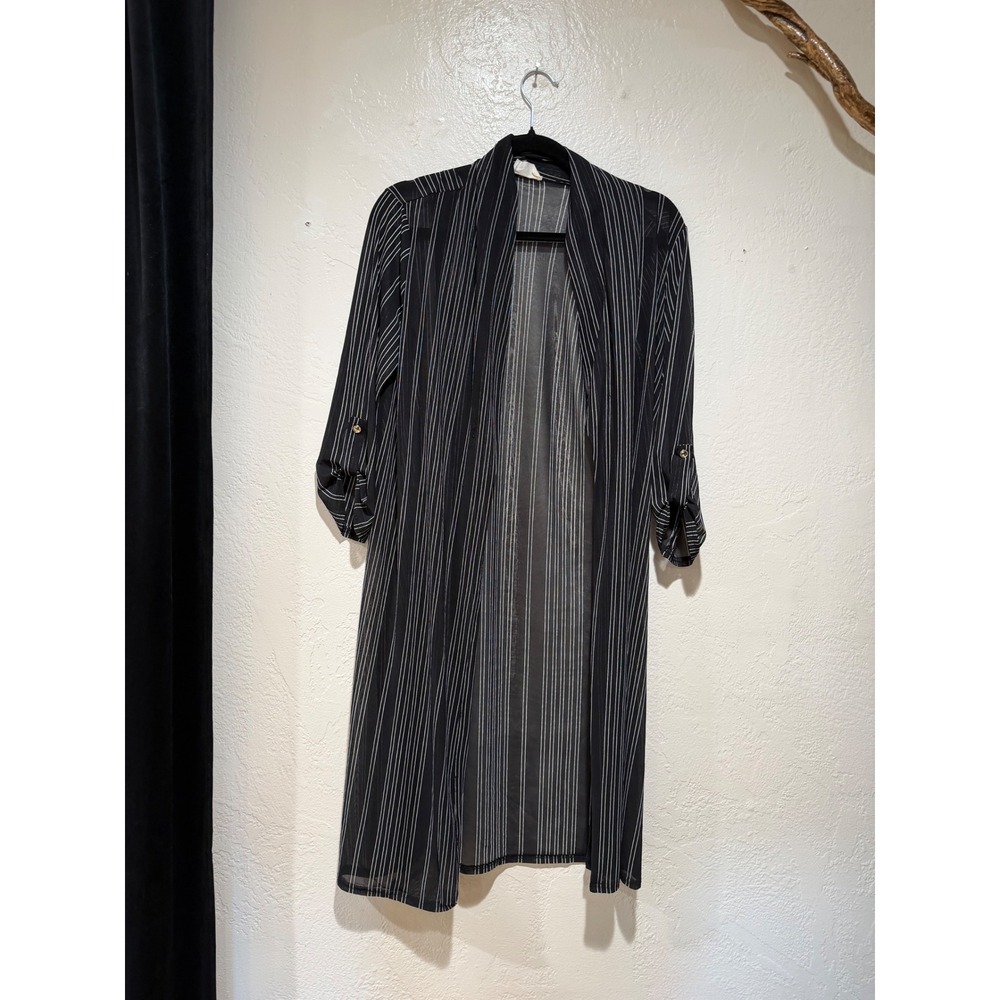 Ember Black White Striped Duster Cardigan Sheer Open Front Button Tab Sleeve S